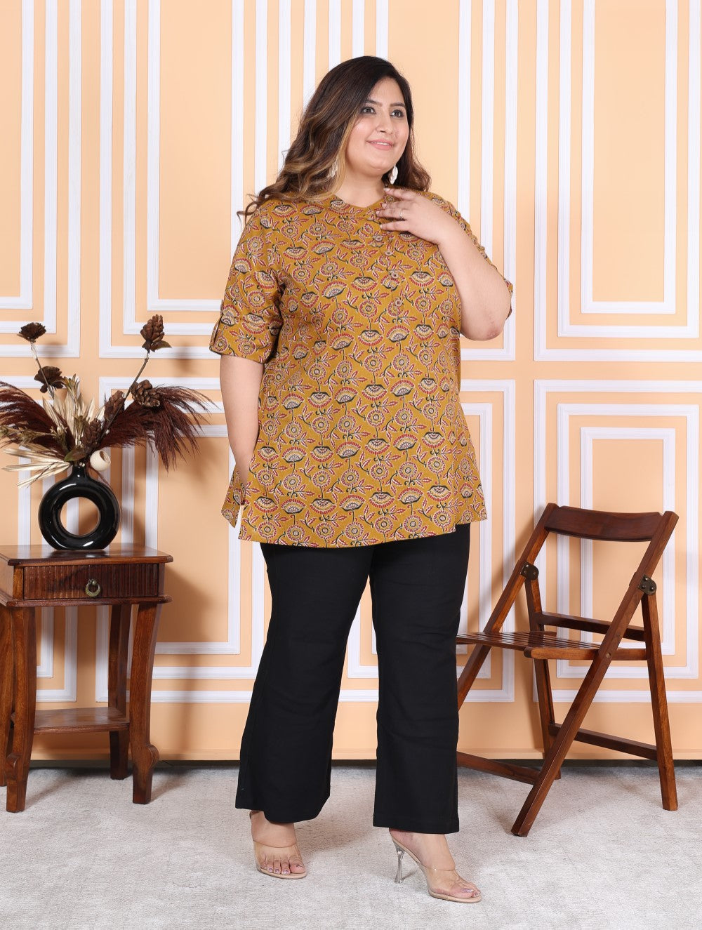 Plus Size Mustard Cotton  Floral Print Short Kurta-300011