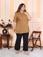 Plus Size Mustard Cotton  Floral Print Short Kurta-300011