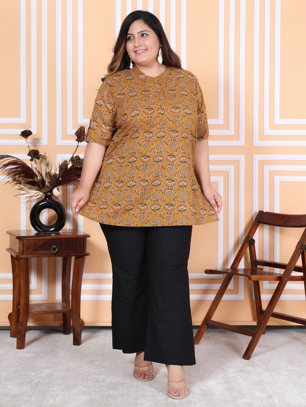 Plus Size Mustard Cotton  Floral Print Short Kurta-300011