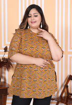 Plus Size Mustard Cotton  Floral Print Short Kurta-300011