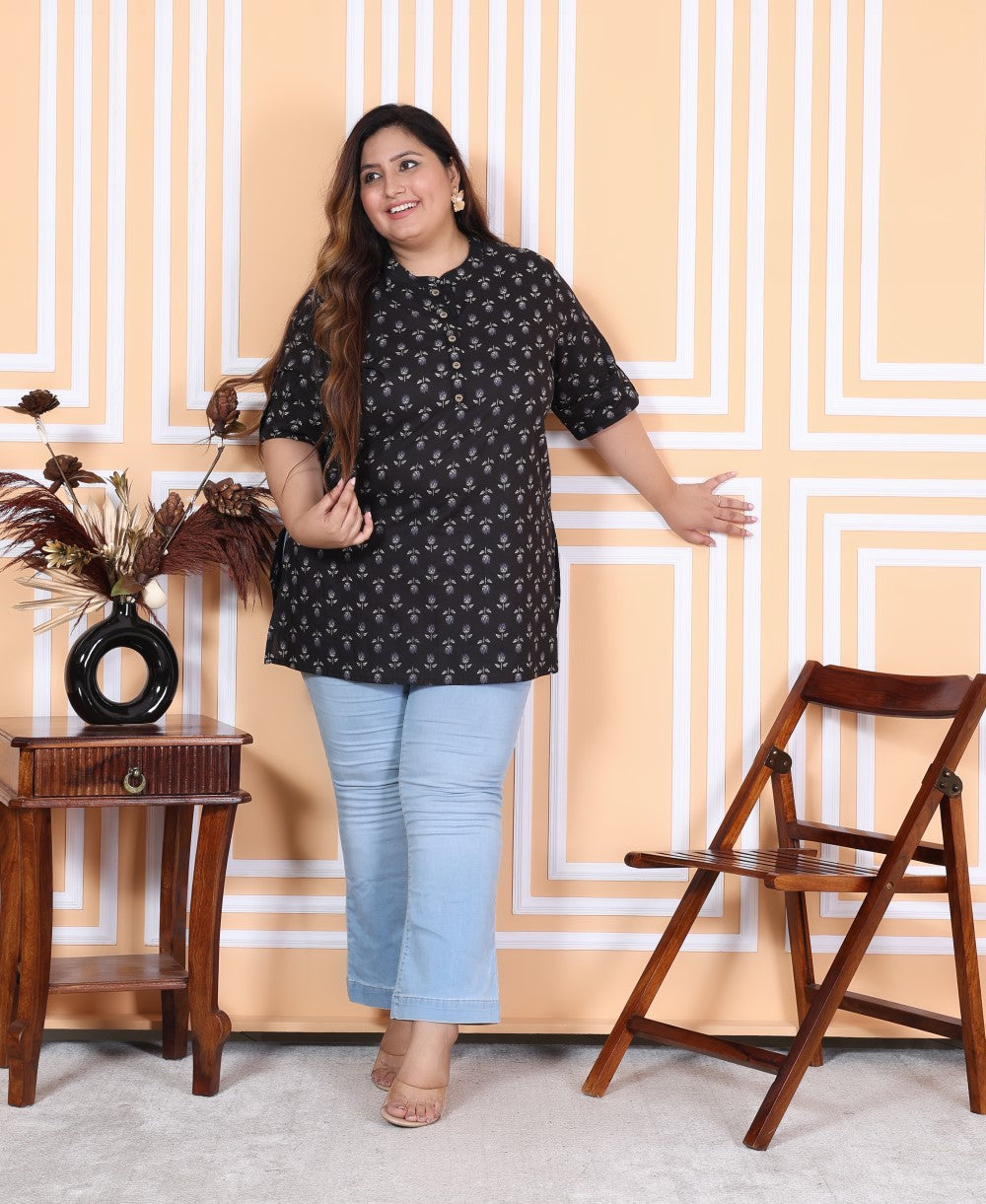 Plus Size Black Cotton Printed Short Kurta-300012