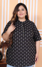 Plus Size Black Cotton Printed Short Kurta-300012