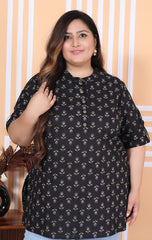Plus Size Black Cotton Printed Short Kurta-300012