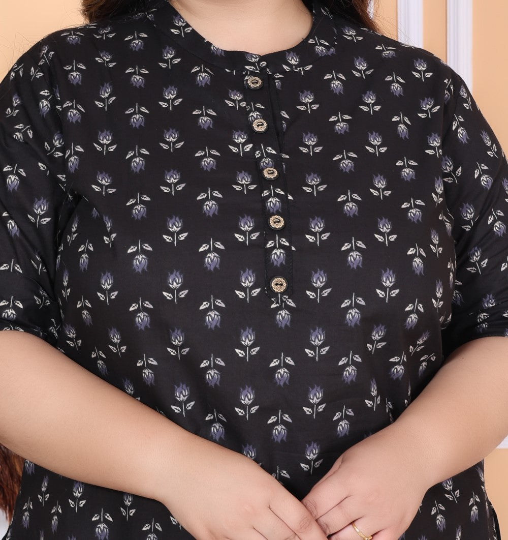 Plus Size Black Cotton Printed Short Kurta-300012
