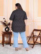 Plus Size Black Cotton Printed Short Kurta-300012