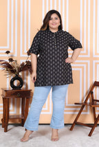 Plus Size Black Cotton Printed Short Kurta-300012