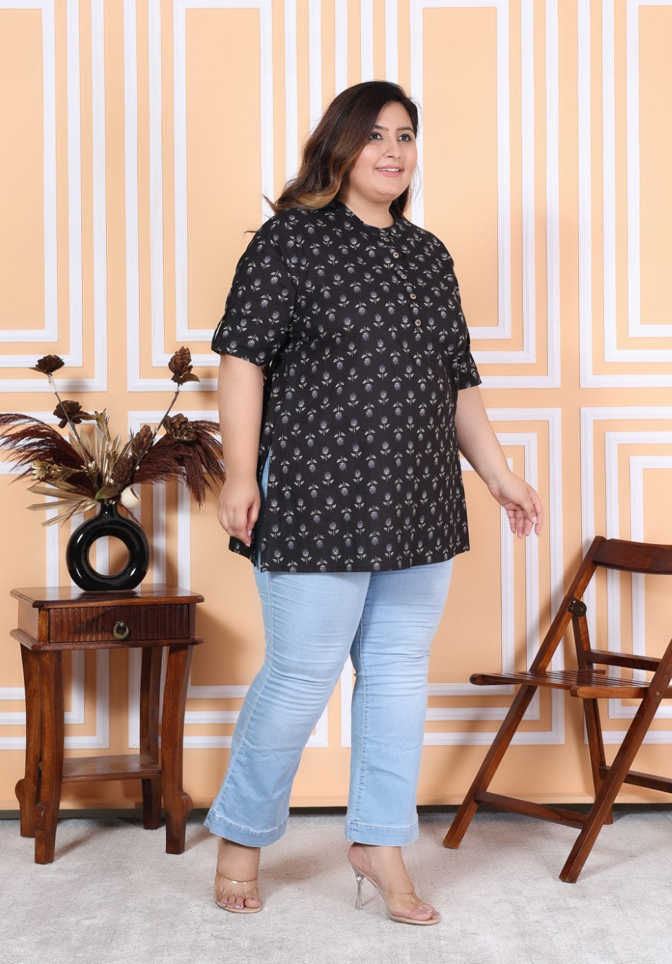 Plus Size Black Cotton Printed Short Kurta-300012