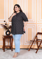 Plus Size Black Cotton Printed Short Kurta-300012