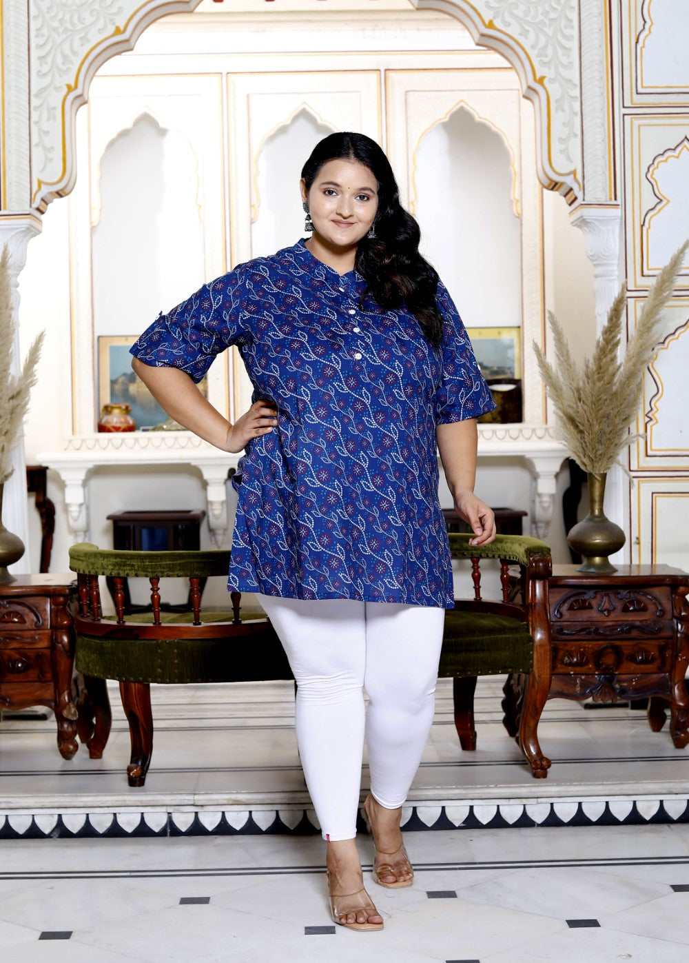 Plus Size Blue Cotton Printed Short Kurta-300013