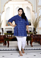 Plus Size Blue Cotton Printed Short Kurta-300013