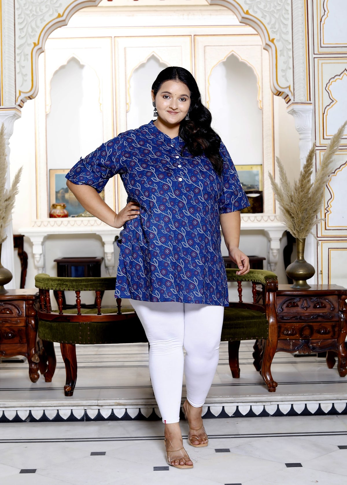 Plus Size Blue Cotton Printed Short Kurta-300013
