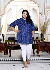 Plus Size Blue Cotton Printed Short Kurta-300013