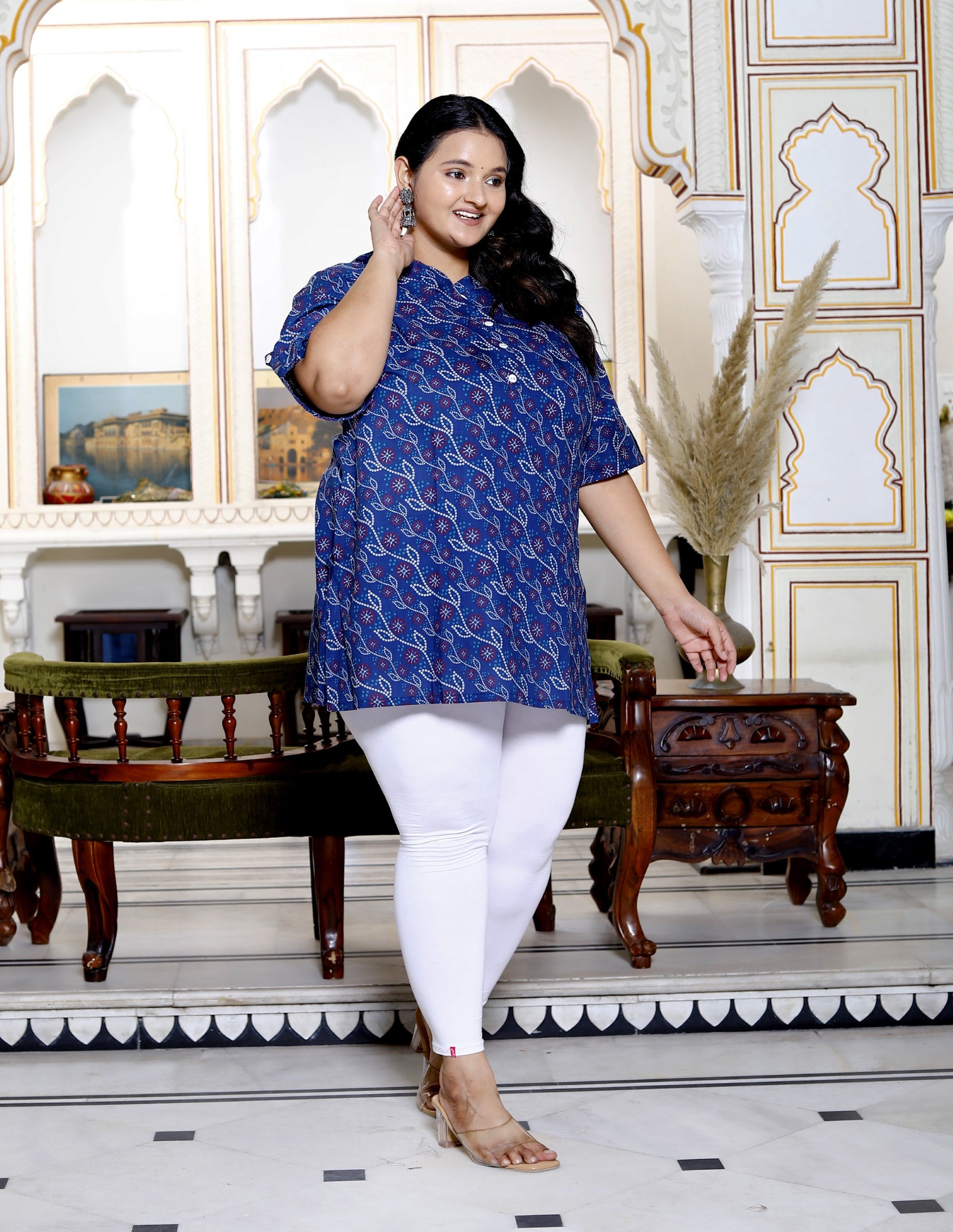 Plus Size Blue Cotton Printed Short Kurta-300013