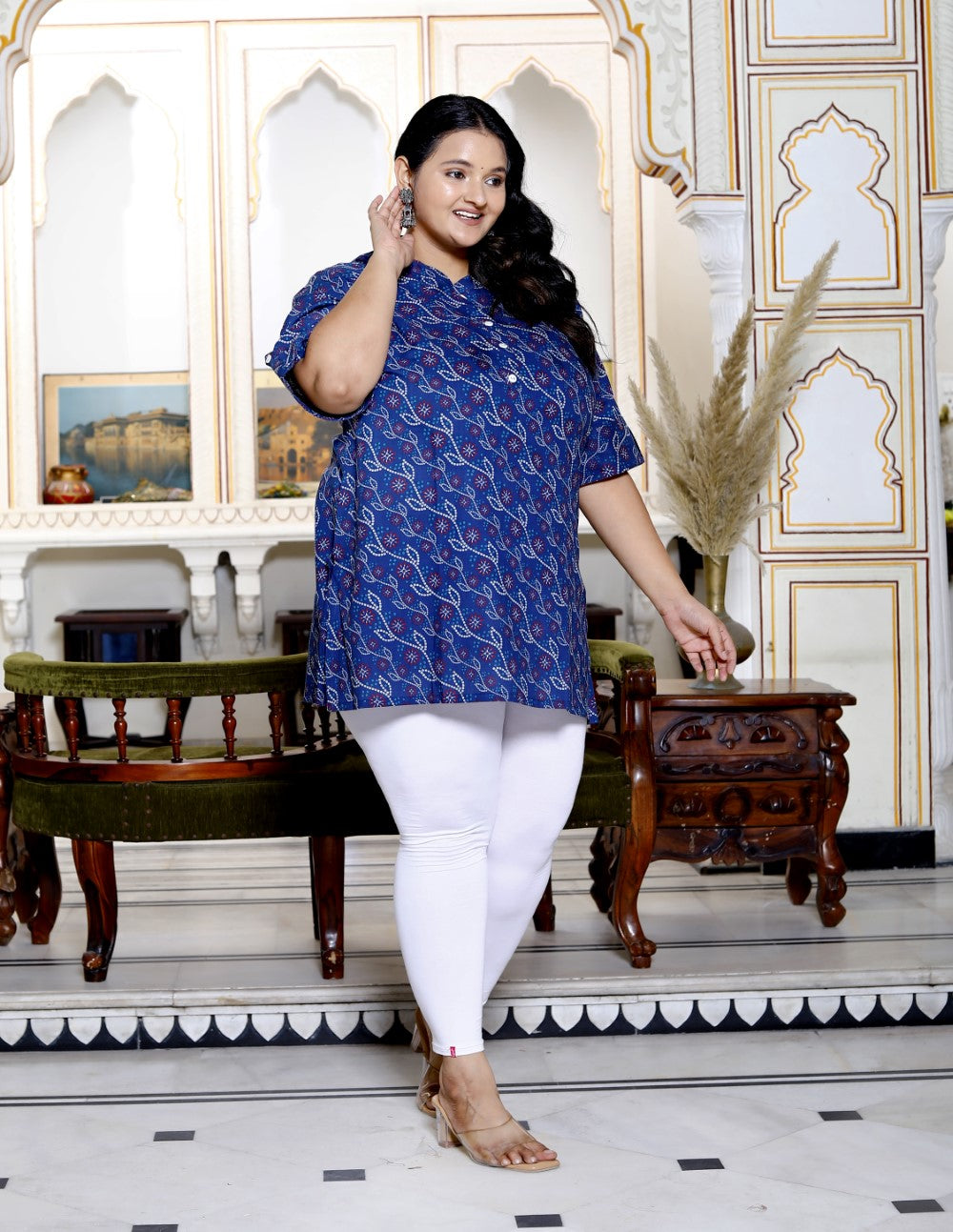 Plus Size Blue Cotton Printed Short Kurta-300013