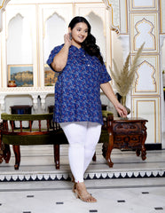 Plus Size Blue Cotton Printed Short Kurta-300013