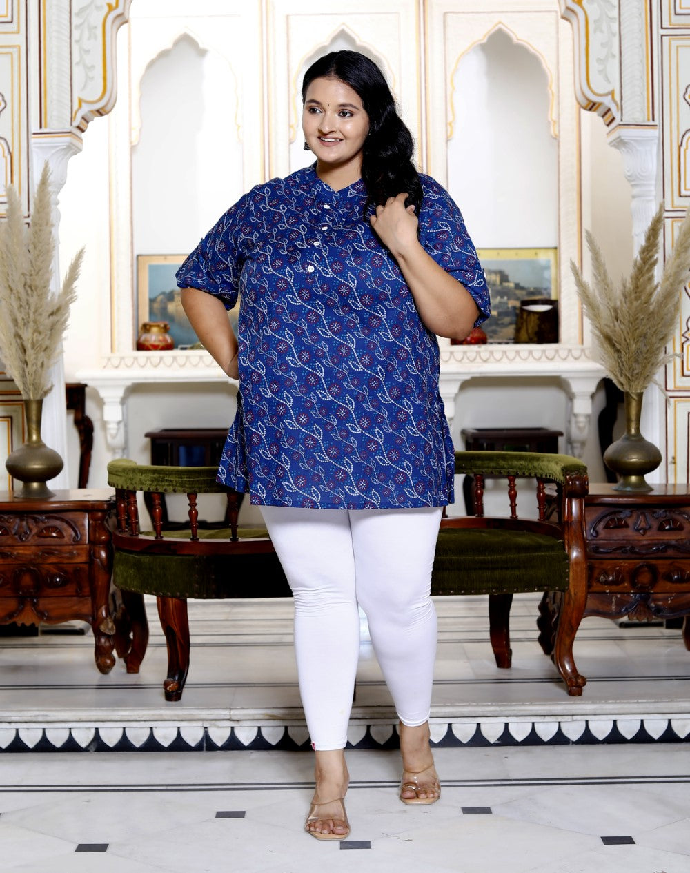 Plus Size Blue Cotton Printed Short Kurta-300013
