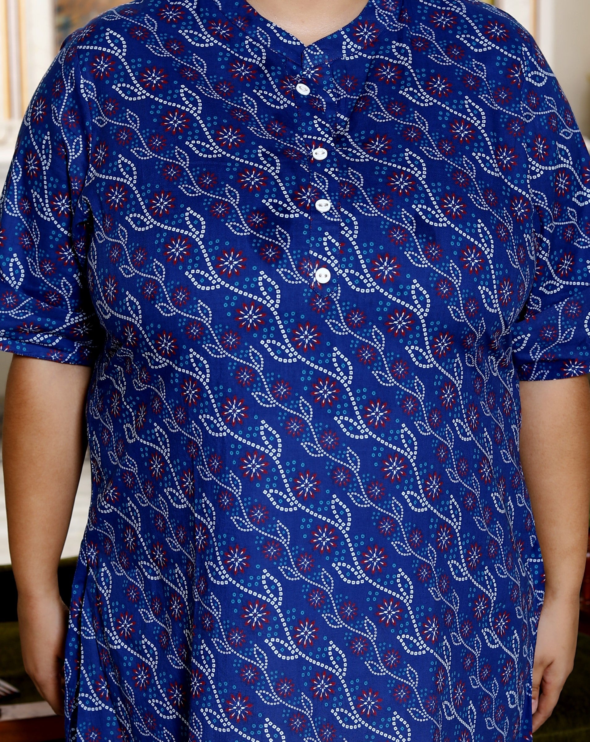 Plus Size Blue Cotton Printed Short Kurta-300013