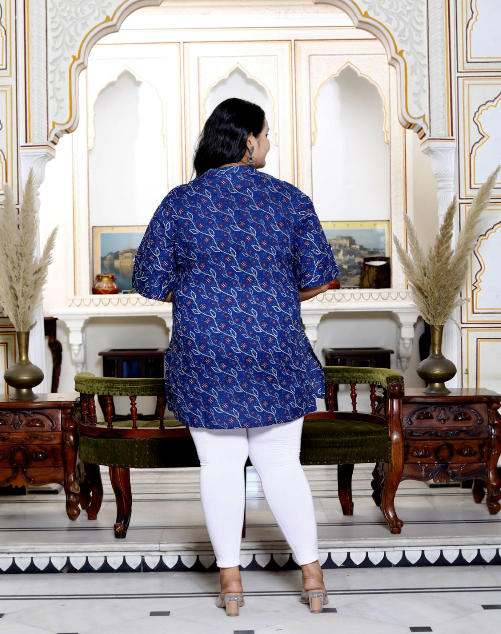 Plus Size Blue Cotton Printed Short Kurta-300013