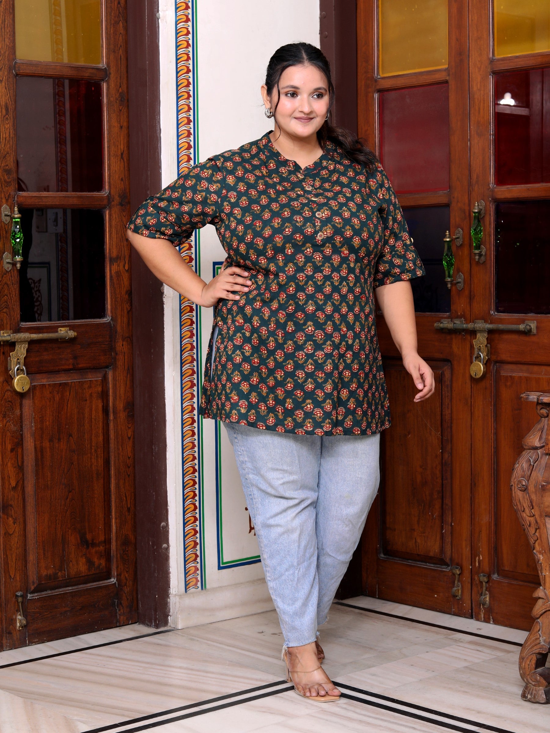 Plus Size D.Green Cotton  Floral Print Short Kurta-300014