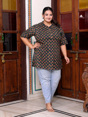 Plus Size D.Green Cotton  Floral Print Short Kurta-300014