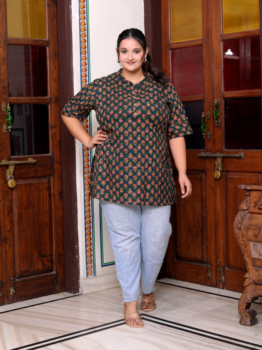 Plus Size D.Green Cotton  Floral Print Short Kurta-300014