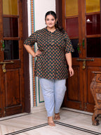 Plus Size D.Green Cotton  Floral Print Short Kurta-300014