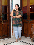 Plus Size D.Green Cotton  Floral Print Short Kurta-300014