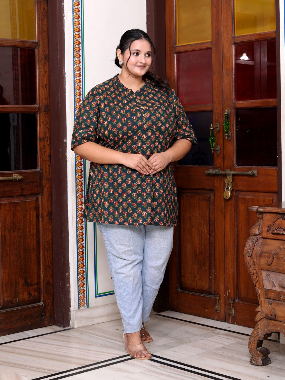 Plus Size D.Green Cotton  Floral Print Short Kurta-300014