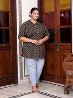 Plus Size D.Green Cotton  Floral Print Short Kurta-300014