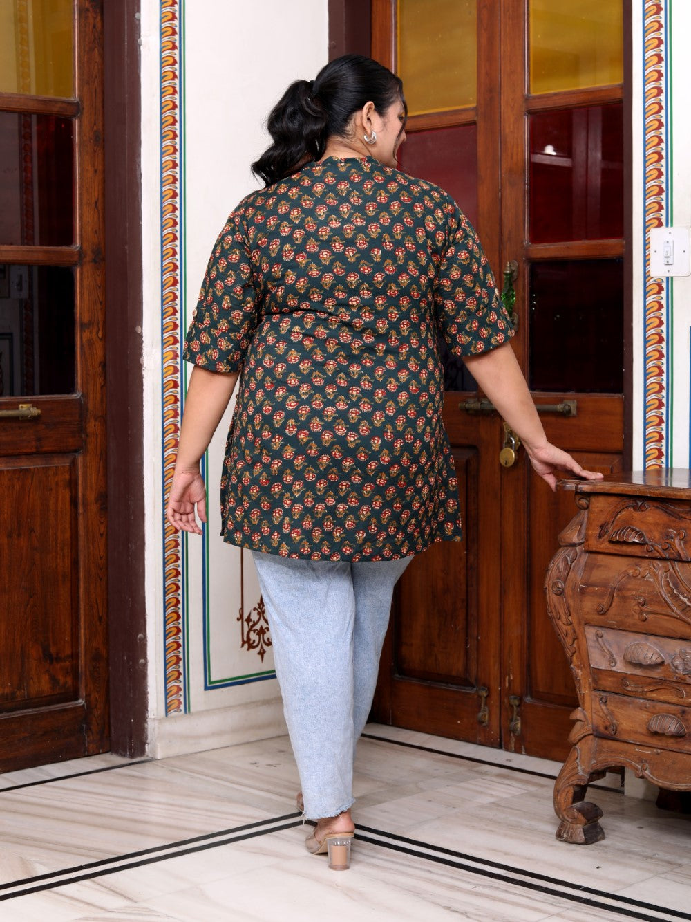 Plus Size D.Green Cotton  Floral Print Short Kurta-300014