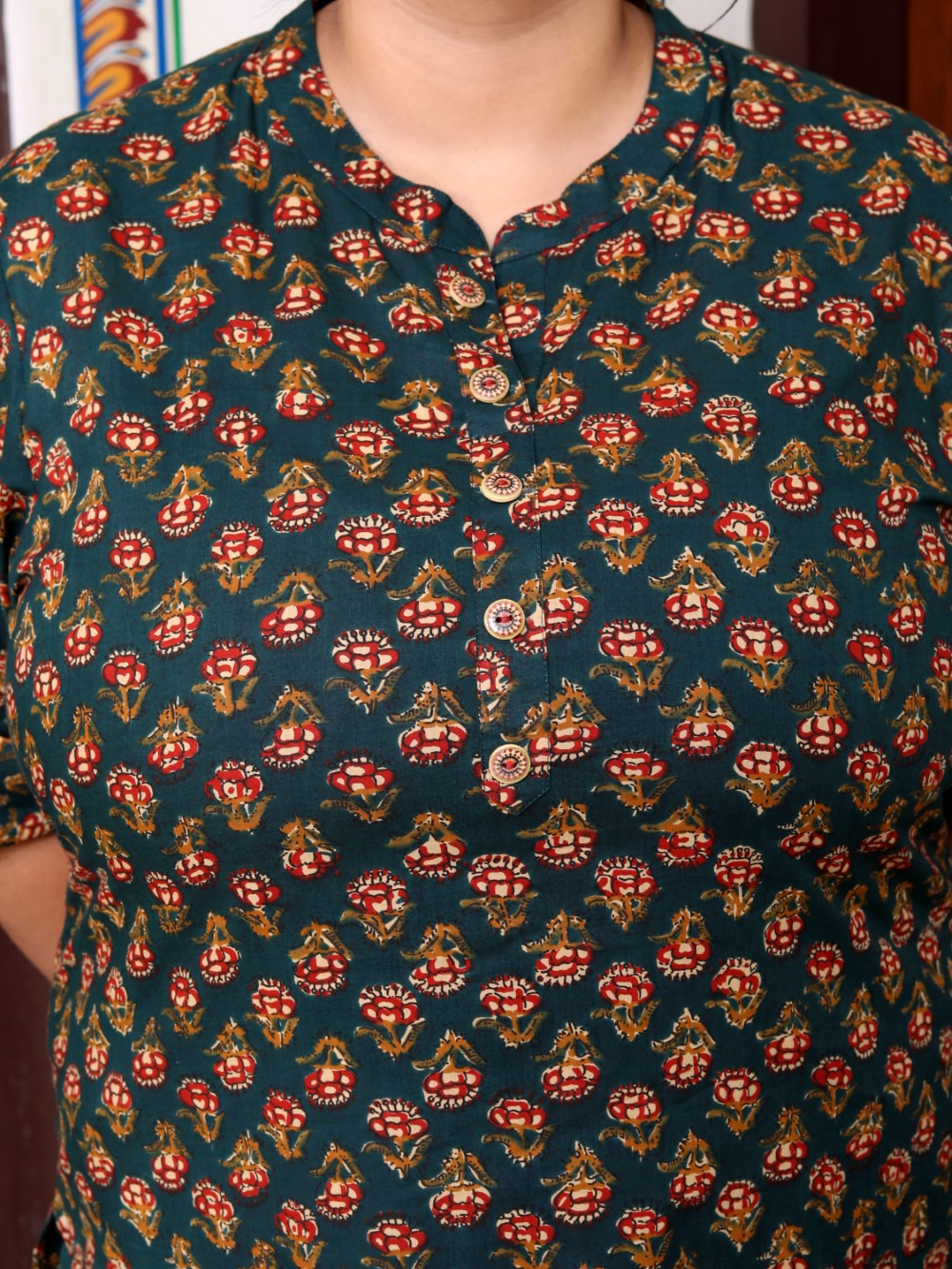 Plus Size D.Green Cotton  Floral Print Short Kurta-300014