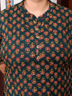 Plus Size D.Green Cotton  Floral Print Short Kurta-300014