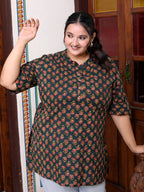 Plus Size D.Green Cotton  Floral Print Short Kurta-300014
