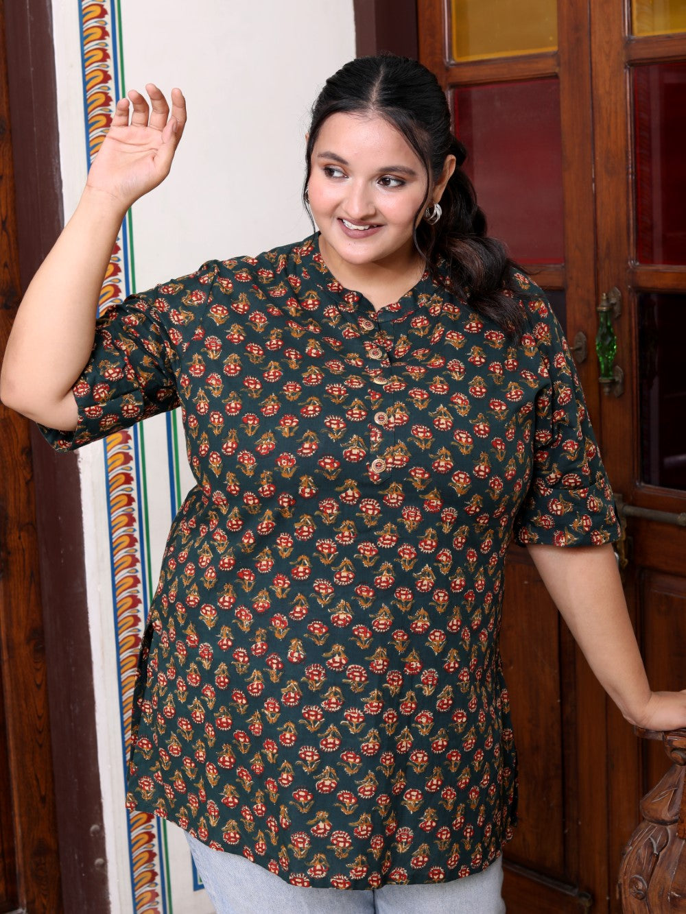 Plus Size D.Green Cotton  Floral Print Short Kurta-300014