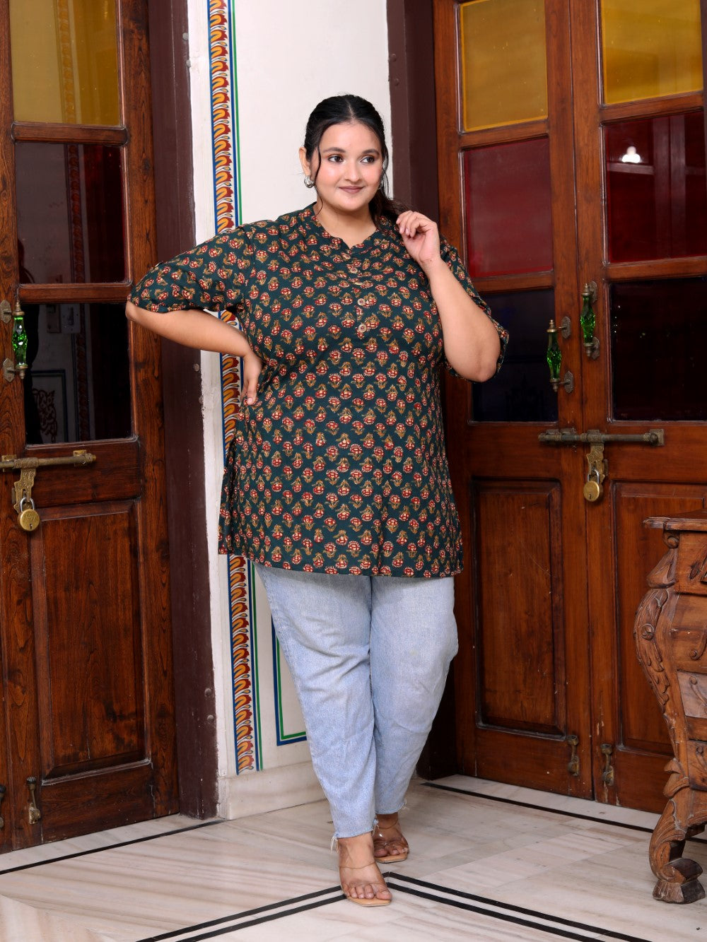 Plus Size D.Green Cotton  Floral Print Short Kurta-300014