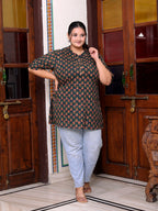 Plus Size D.Green Cotton  Floral Print Short Kurta-300014