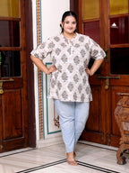 Plus Size Beige Cotton  Floral Print Short Kurta-300015