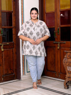 Plus Size Beige Cotton  Floral Print Short Kurta-300015