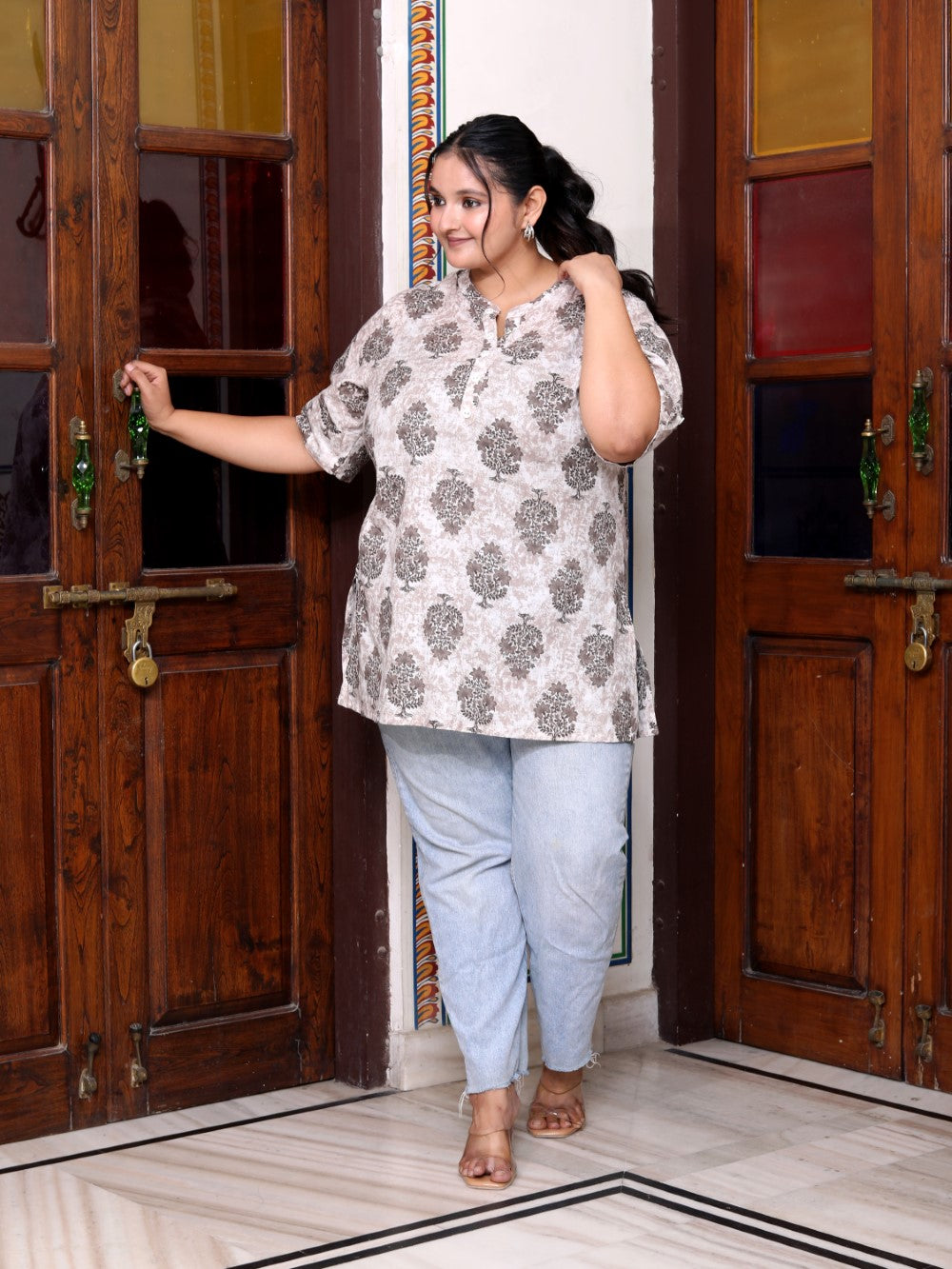 Plus Size Beige Cotton  Floral Print Short Kurta-300015