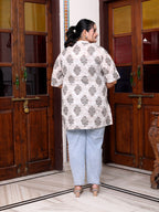 Plus Size Beige Cotton  Floral Print Short Kurta-300015