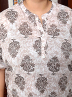 Plus Size Beige Cotton  Floral Print Short Kurta-300015