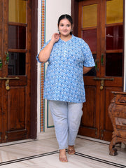 Plus Size Blue Cotton Printed Short Kurta-300016