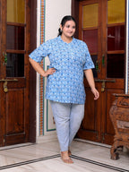 Plus Size Blue Cotton Printed Short Kurta-300016
