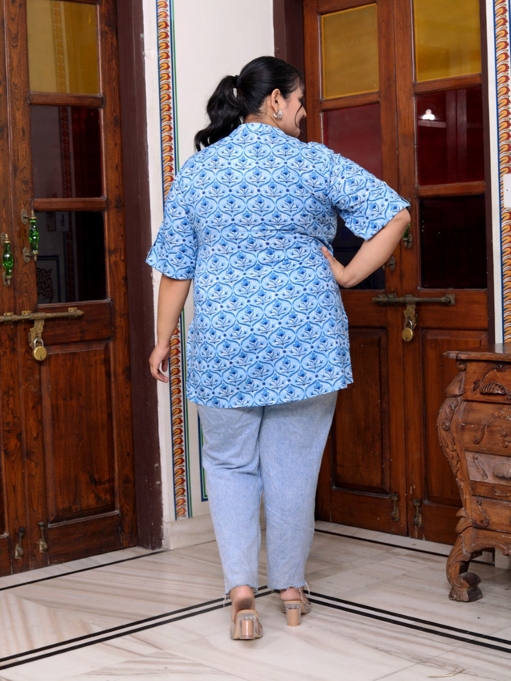 Plus Size Blue Cotton Printed Short Kurta-300016