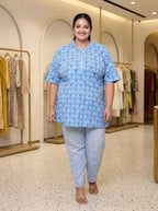 Blue Cotton Printed Short Kurta Plus Size-300016