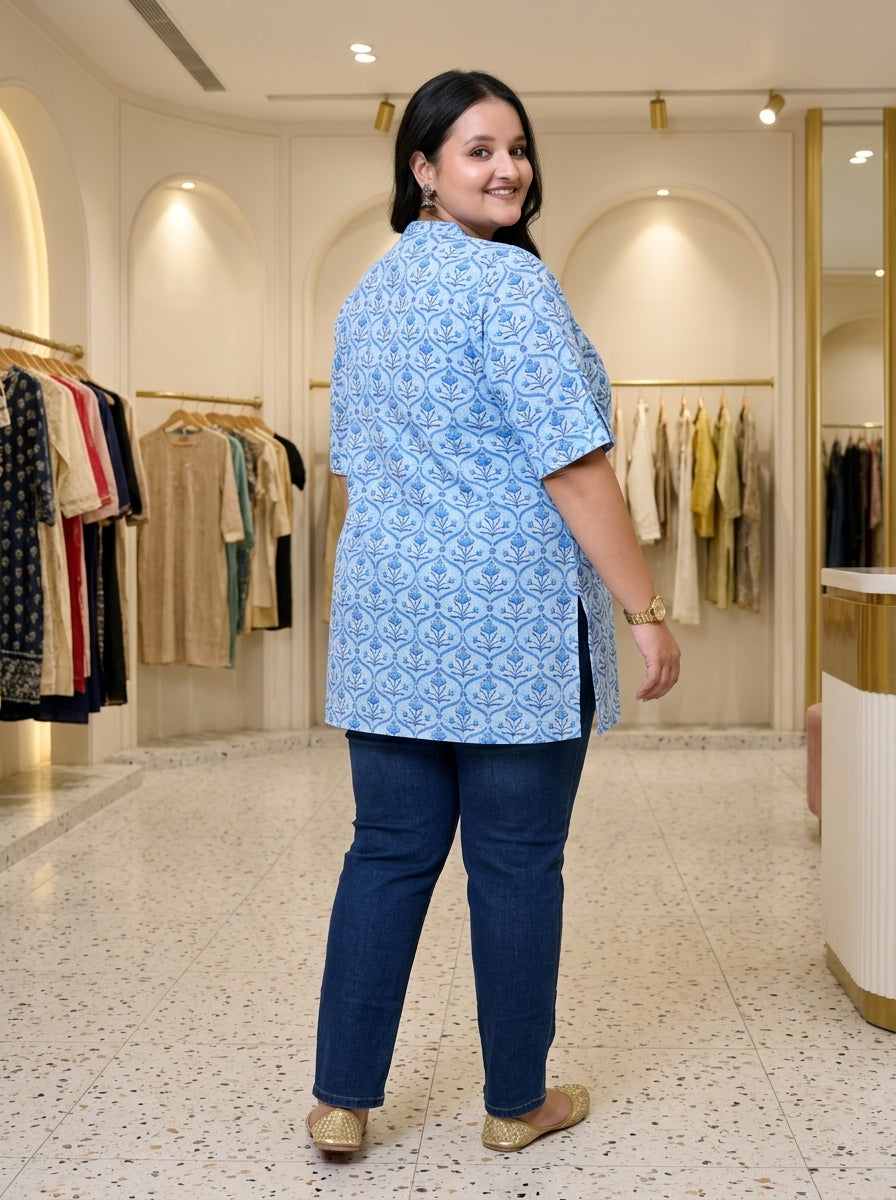Blue Cotton Printed Short Kurta Plus Size-300016