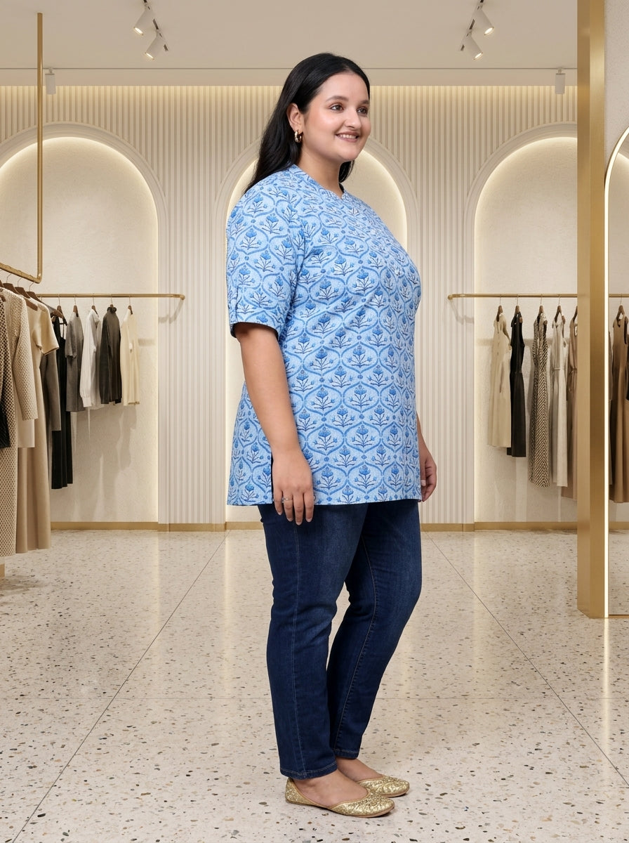 Blue Cotton Printed Short Kurta Plus Size-300016