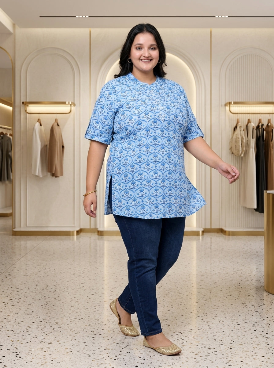 Blue Cotton Printed Short Kurta Plus Size-300016