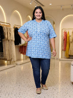 Blue Cotton Printed Short Kurta Plus Size-300016