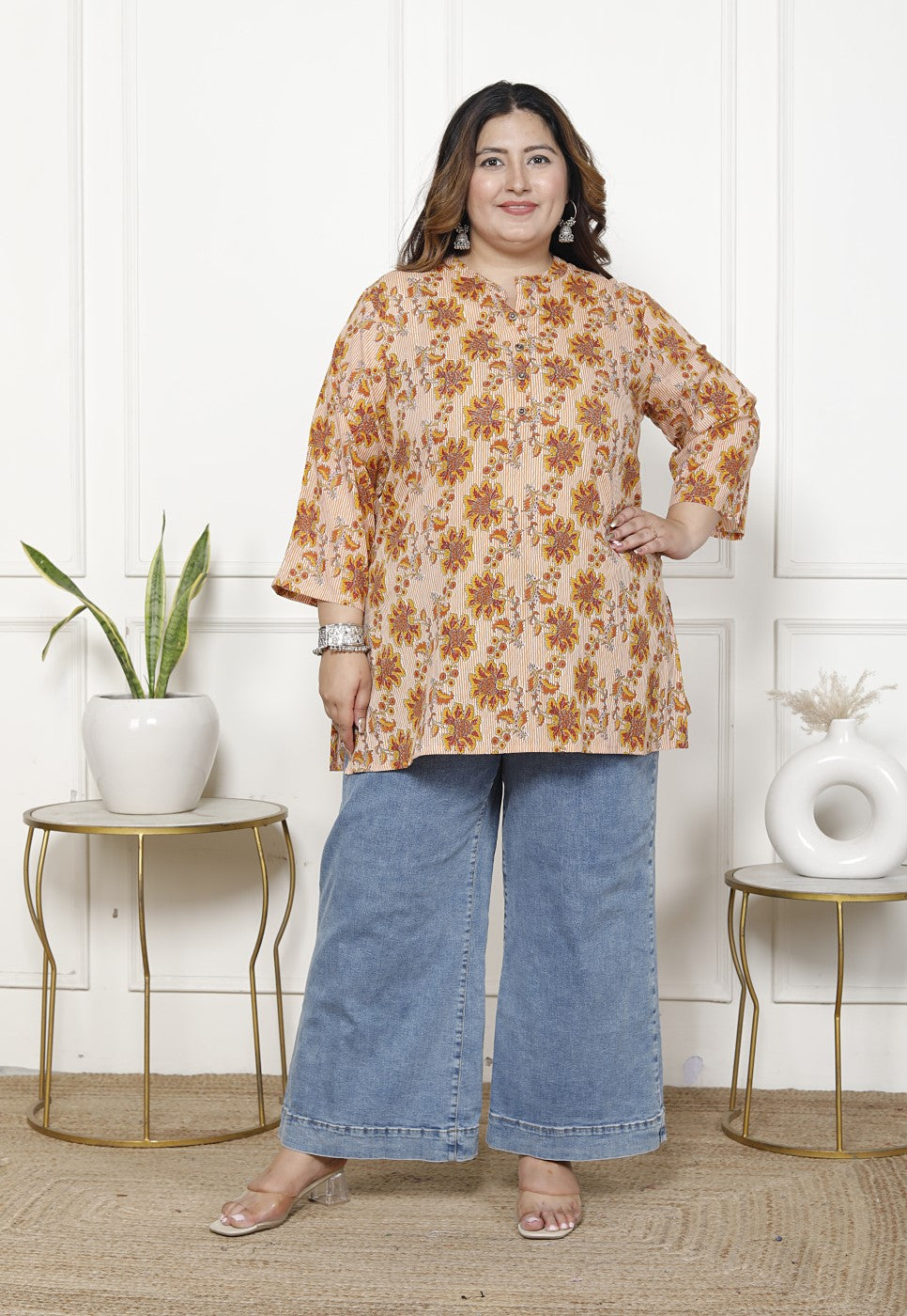 Plus Size Pink Cotton Printed Short Kurta-300017